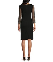 Alex Evenings Cowl Neck 3/4 Beaded Illusion Sleeve Metallic Knit Sheath Dress