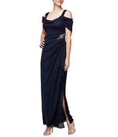 Alex Evenings Short Sleeve Cold Shoulder Cowl Neck Side Brooch Gown