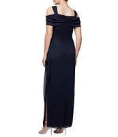 Alex Evenings Short Sleeve Cold Shoulder Cowl Neck Side Brooch Gown