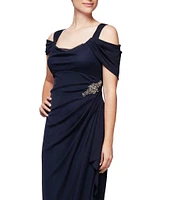 Alex Evenings Short Sleeve Cold Shoulder Cowl Neck Side Brooch Gown