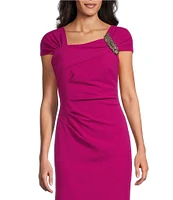 Alex Evenings Crepe Asymmetric Embellished Neck Cap Sleeve Sheath Dress