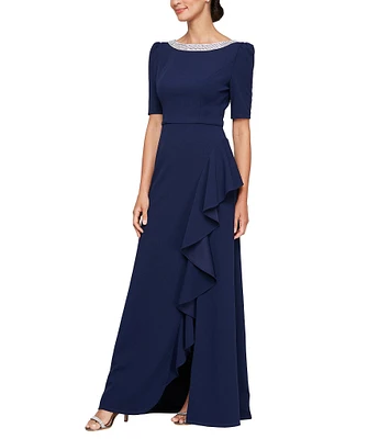 Alex Evenings Crepe Embellished Boat Neck 3/4 Sleeve Ruffle Cascade A-Line Gown