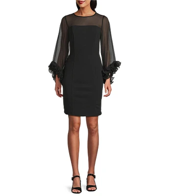 Alex Evenings Crepe Illusion Boat Neck 3/4 Ruffle Sleeve Sheath Dress