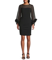Alex Evenings Crepe Illusion Boat Neck 3/4 Ruffle Sleeve Sheath Dress