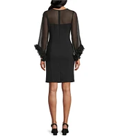 Alex Evenings Crepe Illusion Boat Neck 3/4 Ruffle Sleeve Sheath Dress