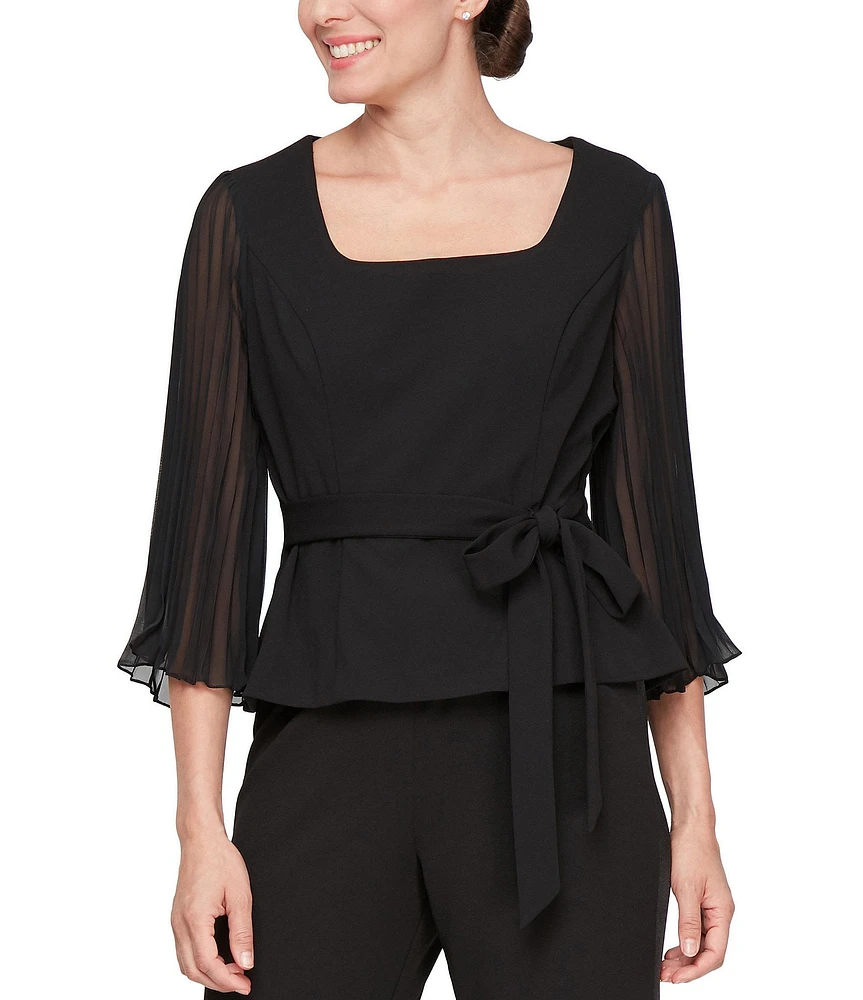 Alex Evenings Crepe Square Neck Pleated Illusion Sleeve Tie Sash Blouse