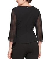 Alex Evenings Crepe Square Neck Pleated Illusion Sleeve Tie Sash Blouse