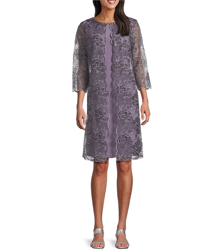 Alex Evenings Crew Neck 3/4 Sleeve Embroidered Stretch Tulle Mock Jacket Dress
