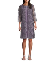 Alex Evenings Crew Neck 3/4 Sleeve Embroidered Stretch Tulle Mock Jacket Dress