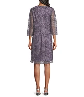 Alex Evenings Crew Neck 3/4 Sleeve Embroidered Stretch Tulle Mock Jacket Dress