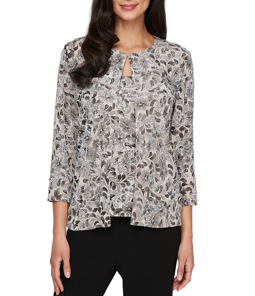 Alex Evenings Crew Neck 3/4 Sleeve Glitter Slinky Printed Twinset
