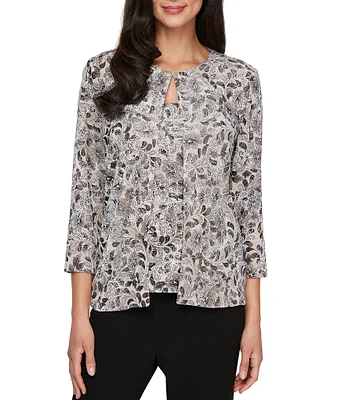 Alex Evenings Crew Neck 3/4 Sleeve Glitter Slinky Printed Twinset