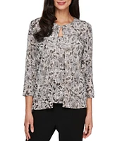 Alex Evenings Crew Neck 3/4 Sleeve Glitter Slinky Printed Twinset