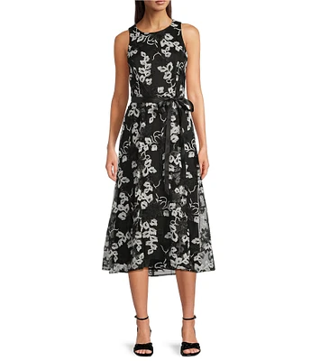 Alex Evenings Crew Neck Sleeveless Tie Sash Embroidered Stretch Tulle High Low Midi Dress