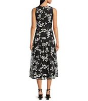 Alex Evenings Crew Neck Sleeveless Tie Sash Embroidered Stretch Tulle High Low Midi Dress
