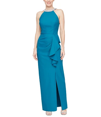 Alex Evenings Embellished Halter Neck Sleeveless Cascade Ruffle Sheath Dress