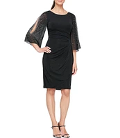 Alex Evenings Embellished Illusion Ruffle 3/4 Sleeve Round Neck Sheath Dress