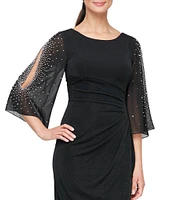 Alex Evenings Embellished Illusion Ruffle 3/4 Sleeve Round Neck Sheath Dress