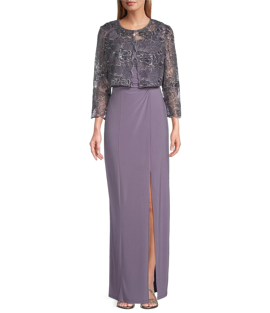 Alex Evenings Embroidered Floral Stretch Tulle Scoop Neck 3/4 Sleeve 2-Piece Jacket Dress