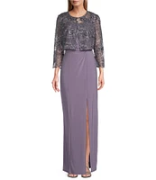 Alex Evenings Embroidered Floral Stretch Tulle Scoop Neck 3/4 Sleeve 2-Piece Jacket Dress