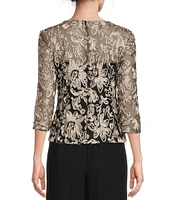 Alex Evenings Illusion Crew Neck 3/4 Sleeve Embroidered Floral Lace Top