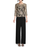 Alex Evenings Illusion Crew Neck 3/4 Sleeve Embroidered Floral Lace Top