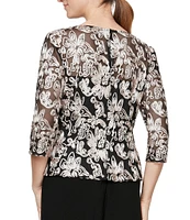 Alex Evenings Illusion Crew Neck 3/4 Sleeve Embroidered Floral Lace Top