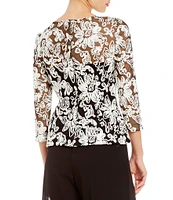 Alex Evenings Illusion Crew Neck 3/4 Sleeve Embroidered Floral Lace Top