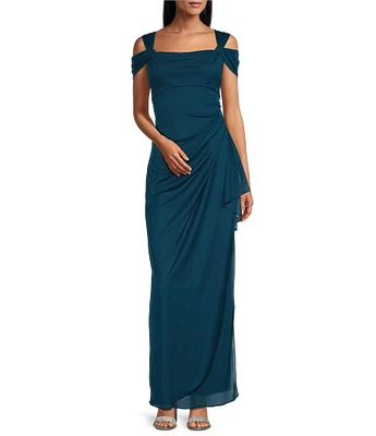Alex Evenings Exposed Shoulder Draped Neck Cap Sleeve Ruched Waterfall Hem Mesh Gown