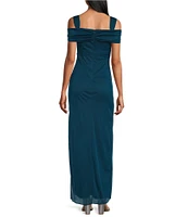 Alex Evenings Exposed Shoulder Draped Neck Cap Sleeve Ruched Waterfall Hem Mesh Gown