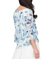 Alex Evenings Floral 3/4 Sleeve Triple Tiered Hem Chiffon Blouse