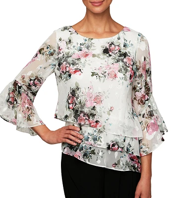 Alex Evenings Floral Print 3/4 Sleeve Tiered Hem Chiffon Blouse