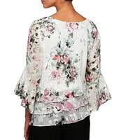 Alex Evenings Floral Print 3/4 Sleeve Tiered Hem Chiffon Blouse
