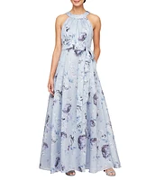 Alex Evenings Floral Print Halter Neck Shimmer Organza Ball Gown