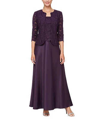 Alex Evenings Glitter Lace 3/4 Sleeve Square Neck Scallop Hem Bodice 2-Piece Jacket Gown