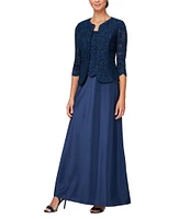 Alex Evenings Glitter Lace 3/4 Sleeve Square Neck Scallop Hem Bodice 2-Piece Jacket Gown