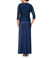 Alex Evenings Glitter Lace 3/4 Sleeve Square Neck Scallop Hem Bodice 2-Piece Jacket Gown