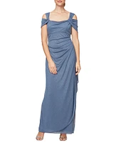 Alex Evenings Glitter Mesh Cowl Neck Cold Shoulder Cap Sleeve Side Slit Ruched Gown