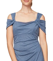 Alex Evenings Glitter Mesh Cowl Neck Cold Shoulder Cap Sleeve Side Slit Ruched Gown