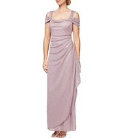 Alex Evenings Glitter Mesh Cowl Neck Cold Shoulder Cap Sleeve Side Slit Ruched Gown