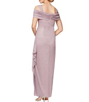 Alex Evenings Glitter Mesh Cowl Neck Cold Shoulder Cap Sleeve Side Slit Ruched Gown