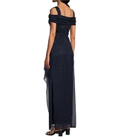 Alex Evenings Glitter Mesh Cowl Neck Cold Shoulder Cap Sleeve Side Slit Ruched Gown