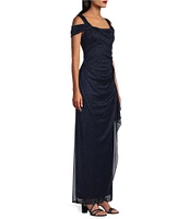 Alex Evenings Glitter Mesh Cowl Neck Cold Shoulder Cap Sleeve Side Slit Ruched Gown