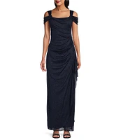 Alex Evenings Glitter Mesh Cowl Neck Cold Shoulder Cap Sleeve Side Slit Ruched Gown