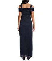 Alex Evenings Glitter Mesh Cowl Neck Cold Shoulder Cap Sleeve Side Slit Ruched Gown