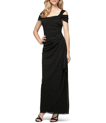 Alex Evenings Glitter Mesh Cowl Neck Cold Shoulder Cap Sleeve Side Slit Ruched Gown