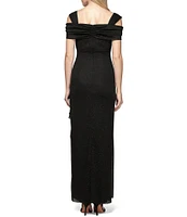 Alex Evenings Glitter Mesh Cowl Neck Cold Shoulder Cap Sleeve Side Slit Ruched Gown