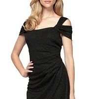 Alex Evenings Glitter Mesh Cowl Neck Cold Shoulder Cap Sleeve Side Slit Ruched Gown