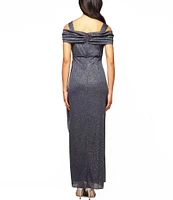 Alex Evenings Glitter Mesh Cowl Neck Cold Shoulder Cap Sleeve Side Slit Ruched Gown