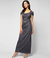 Alex Evenings Glitter Mesh Cowl Neck Cold Shoulder Cap Sleeve Side Slit Ruched Gown